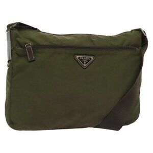 Authentic PRADA Shoulder Bag Nylon Khaki Silver